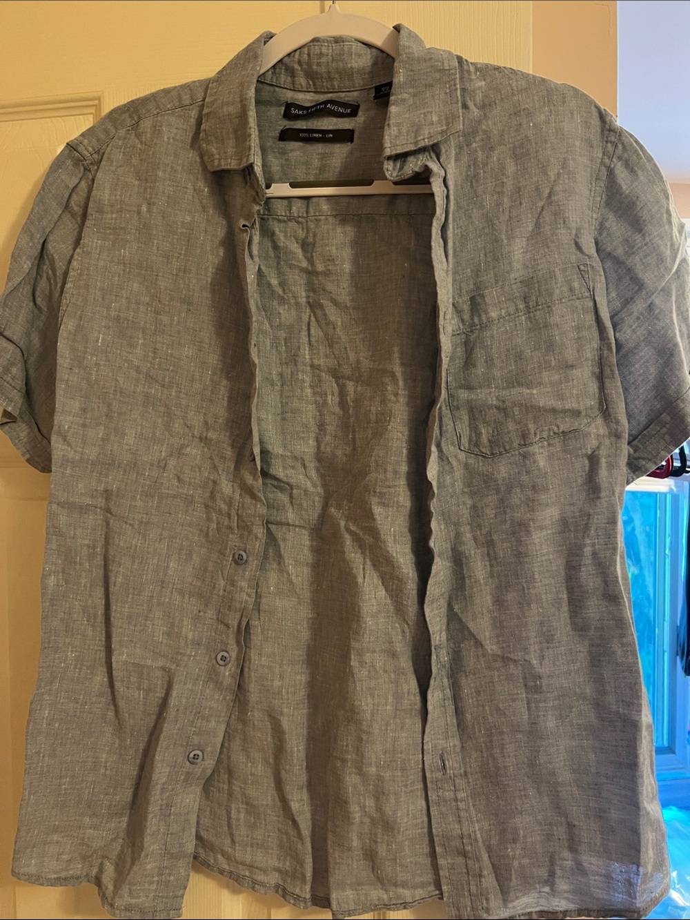 Saks Fifth Avenue Gray Linen Short-Sleeve Button Shirt
